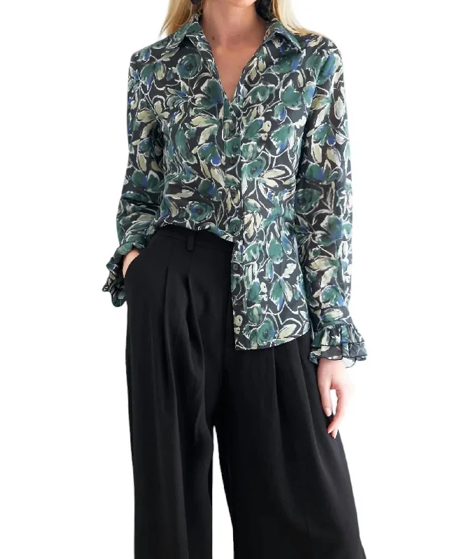Marianne Shirt In Olive/black/white-- Silk Blend Satin Velvet