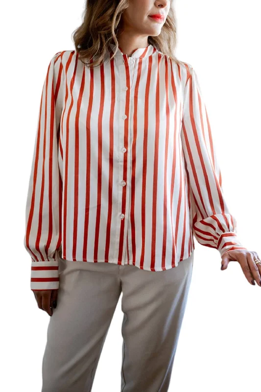 Long Sleeve Button Down Shirt In Cream And Rust Stripe-- Graphic T-Shirt Round Neck Polyester