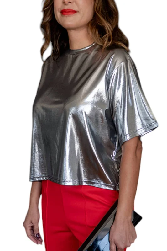 Short Sleeve Boxy Shirt In Liquid Silver-- Cotton Fabric Linen Fabric Terry Fabric