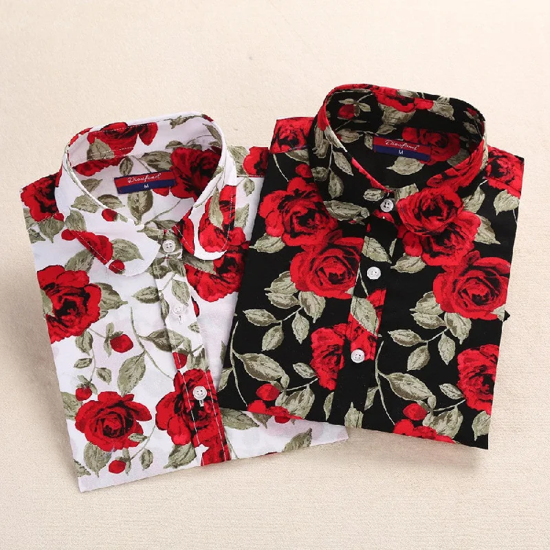 Floral Blouses Women Cotton Shirt Fashion Ladies Tops Female Plus Size Women Clothing Long Sleeve Blouse-- Welt Pockets Slit Pockets Flap Pockets