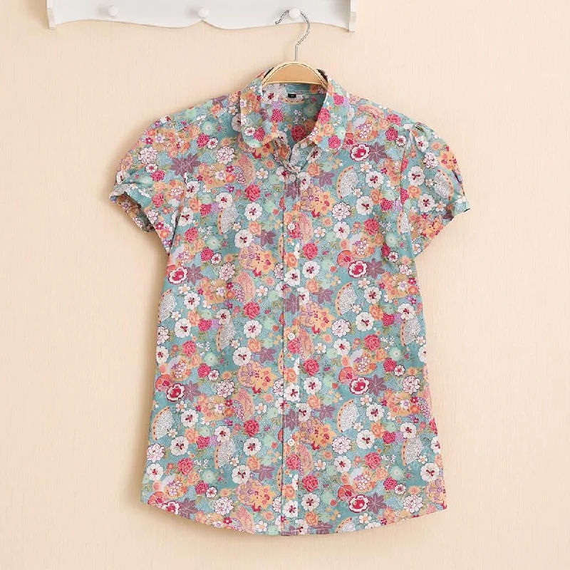 Short Sleeve Shirts Women Blouses Floral Print Cotton Tops Ladies Short Plus Size Women Clothes Fashion Shirt-- Notch Collar Peter Pan Collar Cowl Neck