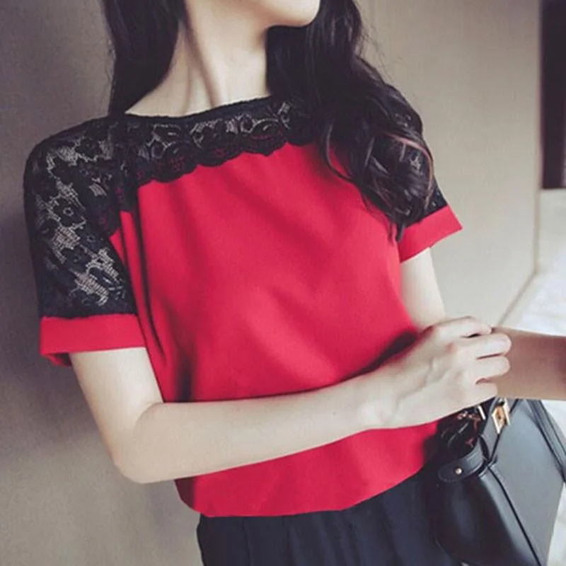 Women Blouses Lace Chiffon Blouse Tops Short Sleeve Fashion Woman Shirts Plus Size 5XL/6XL Red-- Fleece Fabric Down Fabric Feather Fabric