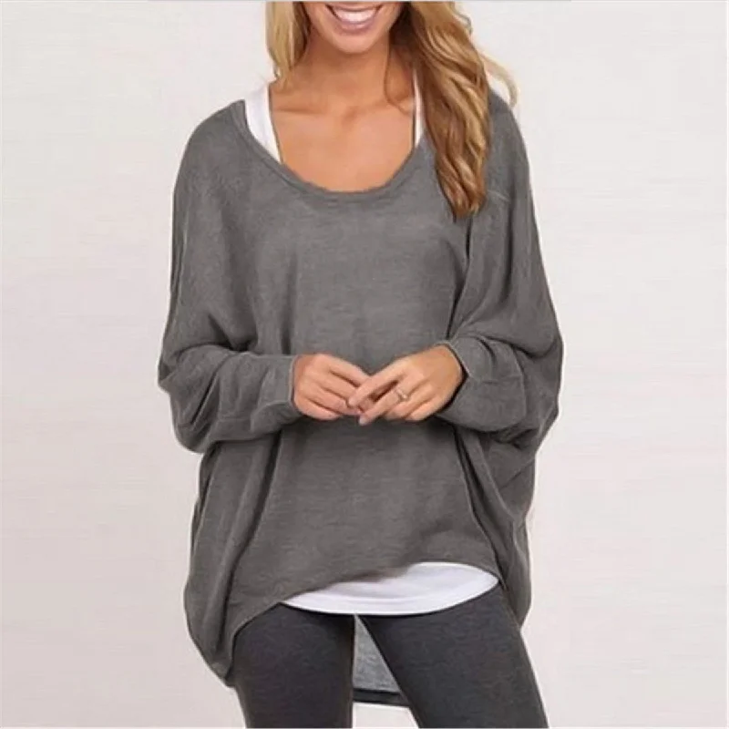 Women Fashion Casual Long Sleeve Loose Tunic Tops Shirts Black Gray Plus Size-- Terry Blend Velvet Blend Canvas Blend