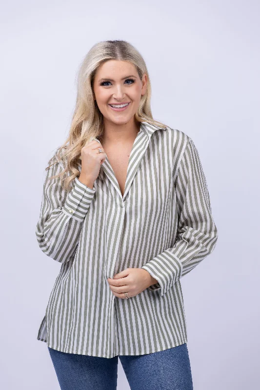 Vince Coastal Stripe Shaped-Collar Shirt in Sea Fern/ Optic White-- Cotton Fabric Linen Fabric Terry Fabric Vince Coastal Stripe Shaped-Collar Shirt in Sea Fern/ Optic White-- Cotton Fabric Linen Fabric Terry Fabric