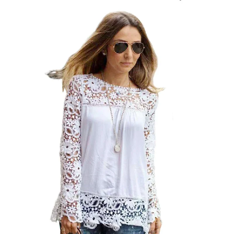 Women Sheer Sleeve Embroidery Lace Crochet Tee Chiffon Shirt Blouse Cool Long White Tops-- Nylon Fabric Polyester Fabric Spandex Fabric