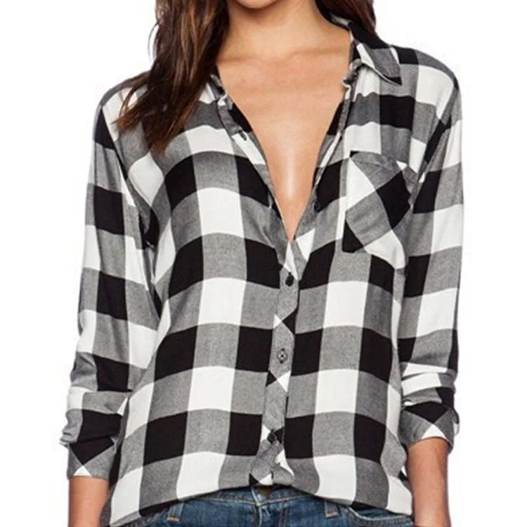 Fashion Casual Plaid Shirt Women Loose Long Blouse Check Shirt Leisure Black And White Women Plaid Shirt-- Solid Print Embellished