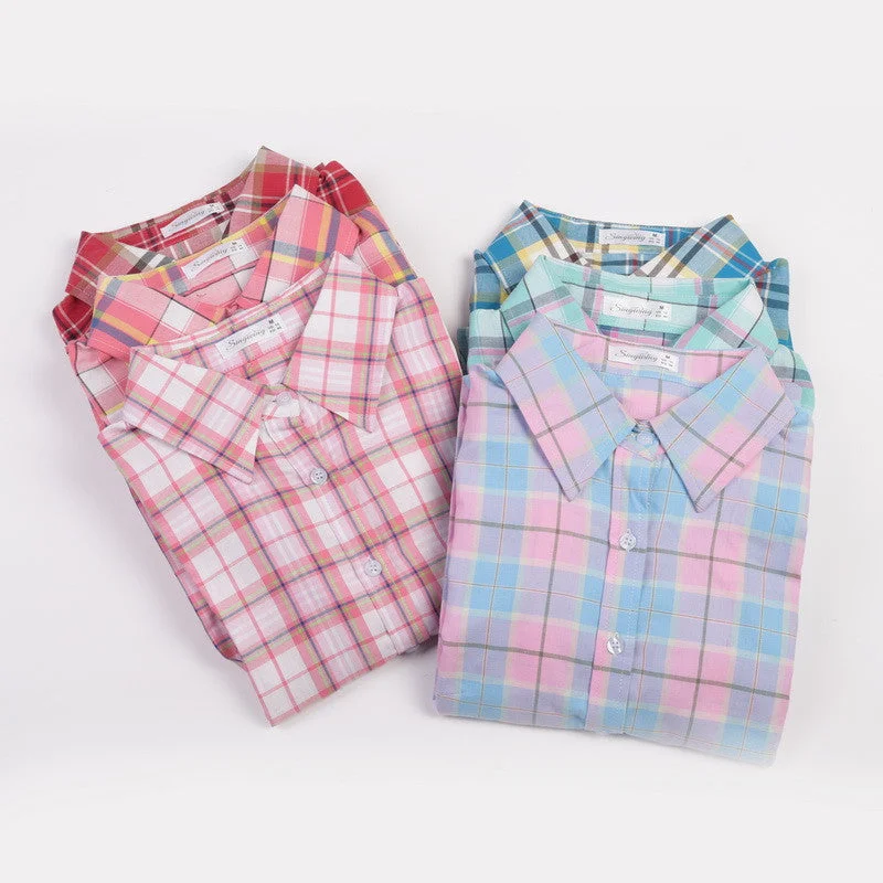 Fashion Women Blouses Long Sleeve Turn-down Collar Plaid Shirts Women Casual Cotton Shirt Style-- V-Neck T-Shirt Long Sleeve Cotton