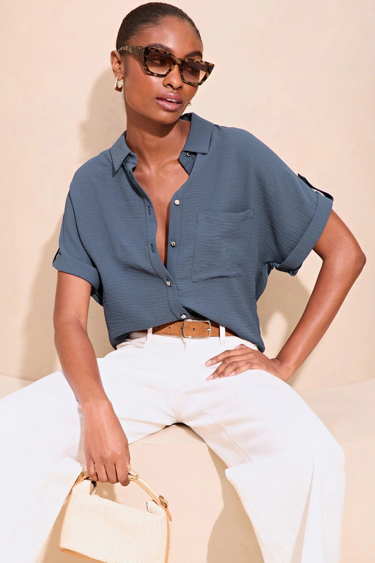Blue Short Sleeve Utility Shirt-- Boxy Fit Fitted Loose