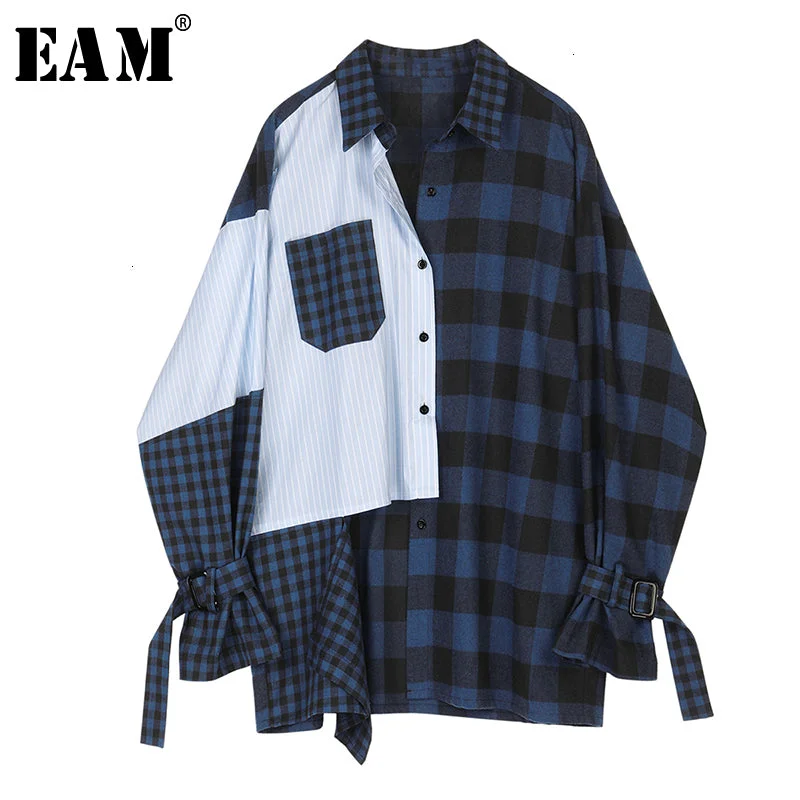 [EAM] Women Blue Striped Plaid Split Big Size Blouse New Lapel Long Sleeve Loose Fit Shirt Fashion Tide Spring Autumn 2020 1D356-- Hooded Caped Shawl Collar
