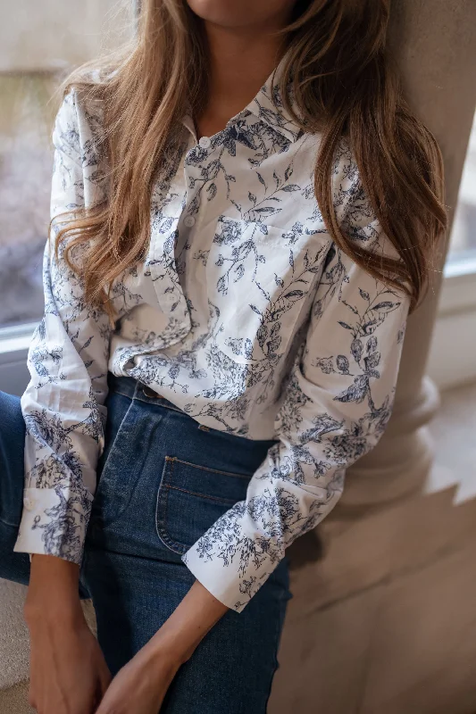 White Aglae Shirt With Blue Patterns-- Elegant Classic Vintage