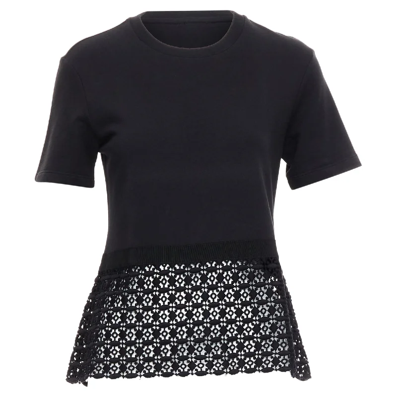 Giambattista Valli Cotton Geometric Lace Hem Tshirt-- Mesh Canvas Denim