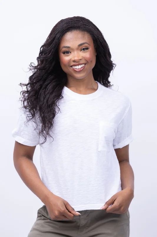 Dylan Crew Pocket T-Shirt in White-- Notch Collar Peter Pan Collar Cowl Neck