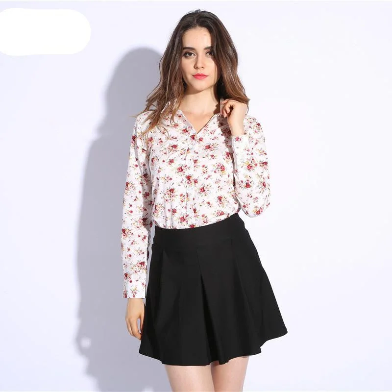 Women Blouse Floral Print Long Sleeve Cotton Women Shirts Turn Down Collar Casual Plus Size Slim Tops-- Casual Formal Business