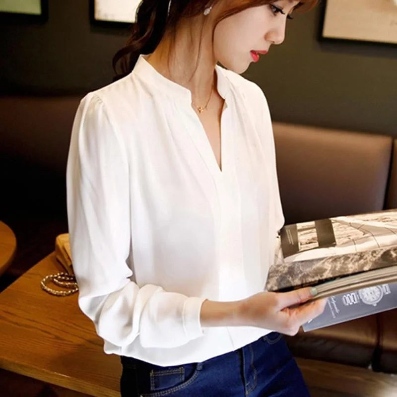 womens chiffon blouse ladies White elegant sexy v-neck blouses long sleeve shirt female office shirt plus size-- Graphic T-Shirt Round Neck Polyester womens chiffon blouse ladies White elegant sexy v-neck blouses long sleeve shirt female office shirt plus size-- Graphic T-Shirt Round Neck Polyester
