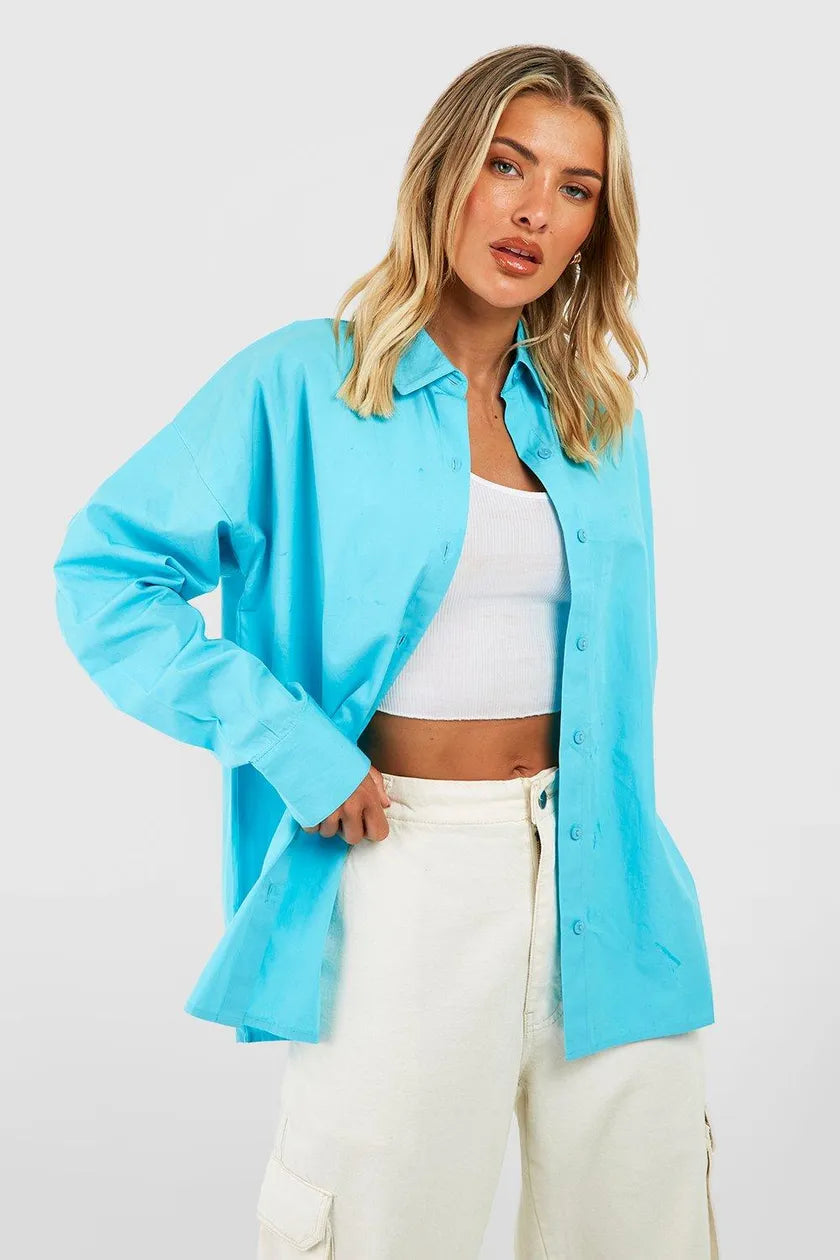 Oversized Split Back Shirt Blue-- Solid Print Embellished