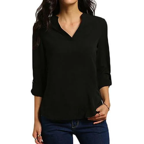 Women's Stylish V Neck Rollable Sleeve Loose Solid Chiffon Blouse Shirt-- Houndstooth Herringbone Solid