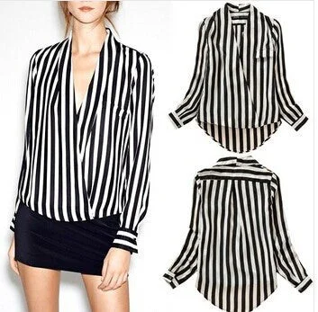 European Style Fashion Long Sleeve Striped Bodysuit Chiffon Blouse Women Office Shirts And Tops V Neck Clothing-- Knit Fabric Woven Fabric Fleece Fabric