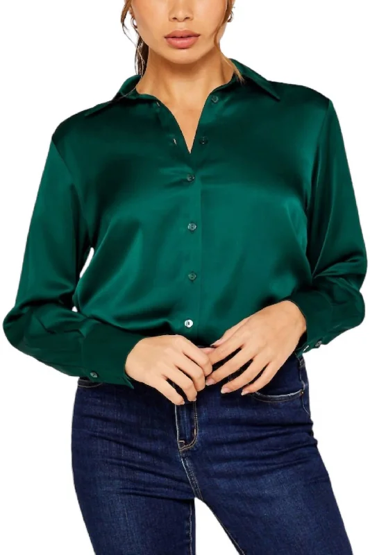 Long Sleeve Satin Button Down Shirt In Emerald-- Jersey Fabric Tulle Fabric Batik Fabric