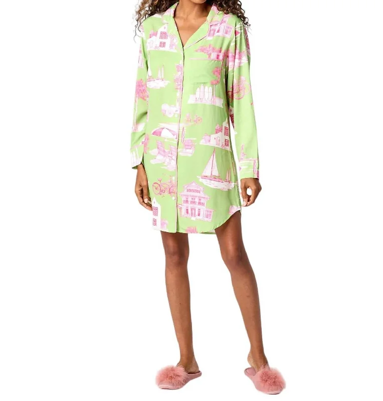 Florida Toile Sleep Shirt In Green-Pink-- Striped Floral Plaid
