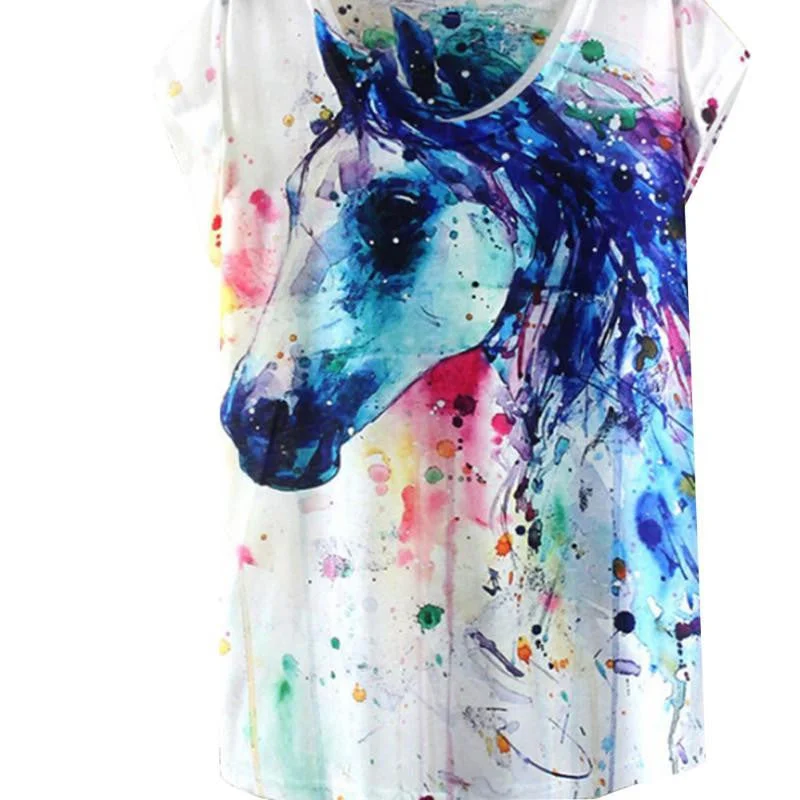 Style Ink Painting Horse Pattern Print T-Shirt Women Clothes Round Collar Women T Shirt Female Tops-- Front Pockets Side Pockets Patch Pockets Style Ink Painting Horse Pattern Print T-Shirt Women Clothes Round Collar Women T Shirt Female Tops-- Front Pockets Side Pockets Patch Pockets