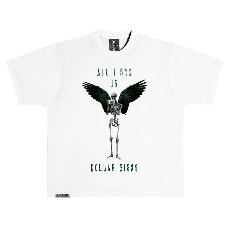 November Reine (White/Dark Green "Dollar Signs" T-Shirt)-- Mesh Canvas Denim