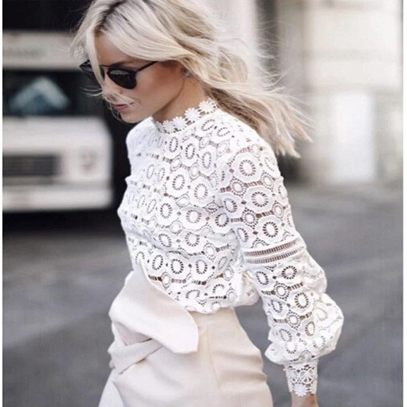 Hot women tops Women Clothing fashion Blouses & Shirts Women Crochet Blouse Lace Shirt long sleeve shirt-- Mesh Blend Leather Blend Suede Blend