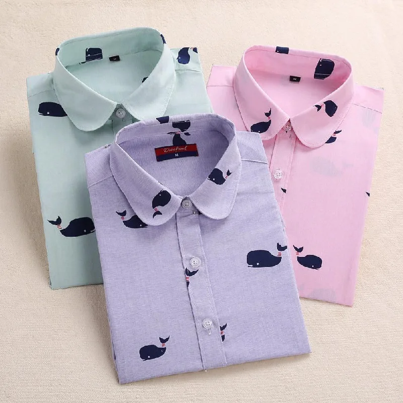 Women Shirt Cotton Blouse Long Sleeve Plus Size Ladies Top Cute Pattern Character Turn-Down Collar Women-- Notch Collar Peter Pan Collar Cowl Neck