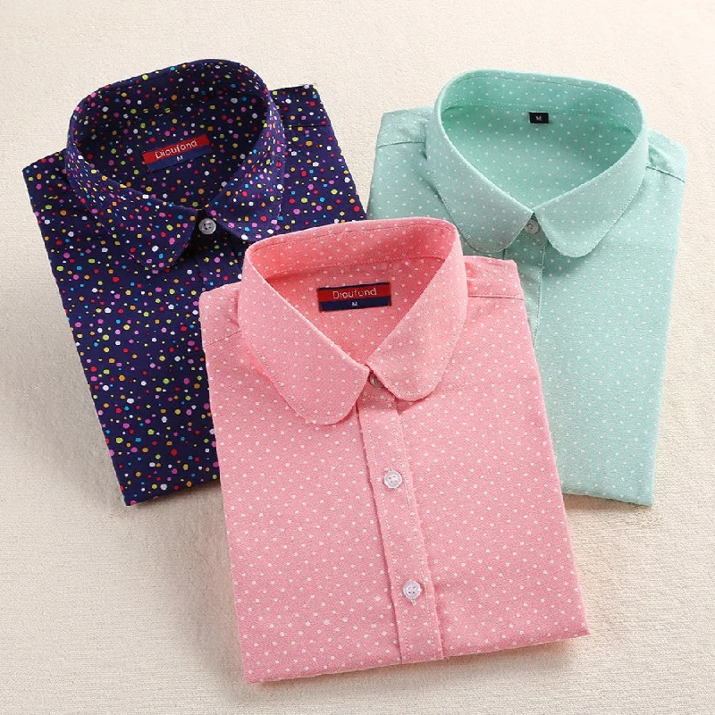 Plus Size Polka Dot Cotton Women Blouses Shirts Long Sleeve Women Shirts Turn Down Collar Cotton Casual Shirt Women Tops-- Striped Floral Plaid