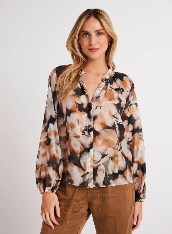 HARVEST FLORAL SHIRRED RAGLAN SHIRT-- Solid Print Embellished