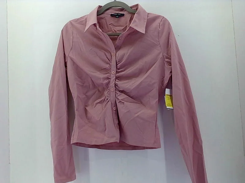 Women's Pink Ruched Long Sleeve Stretch Shirt - Large-- Sequined Glittery Shiny