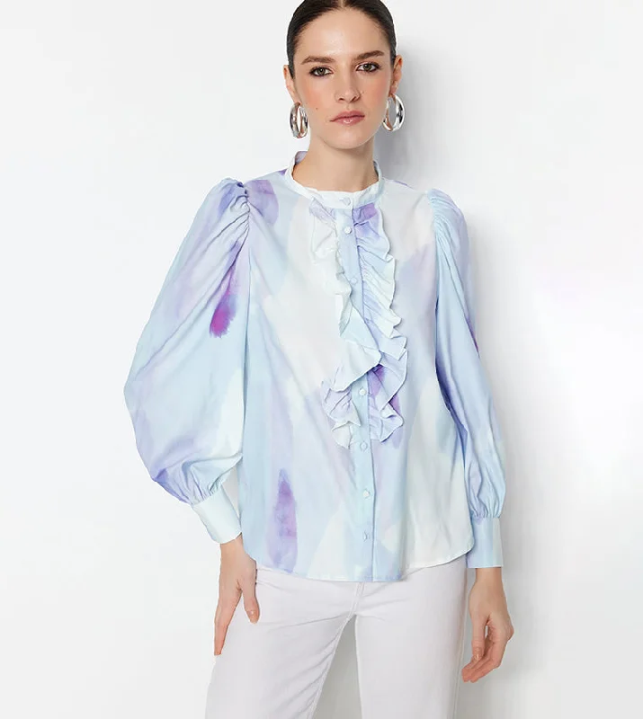Basic Standing Collar Woven Shirt,Light Blue-- Solid Color Striped Floral