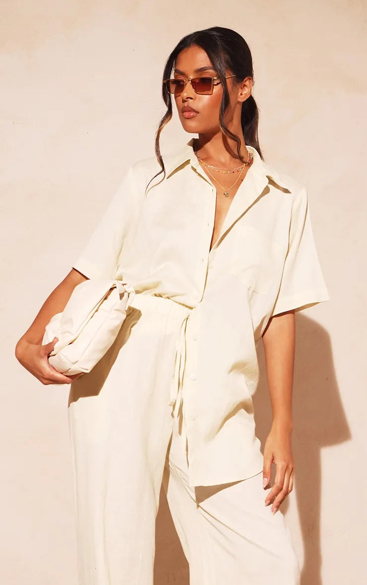 Stone Linen Look Oversize Boxy Short Sleeve Shirt-- Collared Crew Neck Turtle Neck