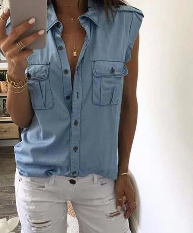 Women Fashion Vintage Buttons Pockets Blouses Sleeveless Jeans Denim Blue Shirts Female Casual Tops-- Welt Pockets Slit Pockets Women Fashion Vintage Buttons Pockets Blouses Sleeveless Jeans Denim Blue Shirts Female Casual Tops-- Welt Pockets Slit Pockets