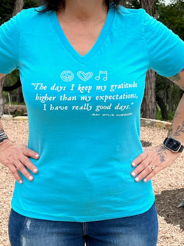 NEW! Ladies V Neck Gratitude T-Shirt - 100% Cotton-- Fleece Nylon Spandex