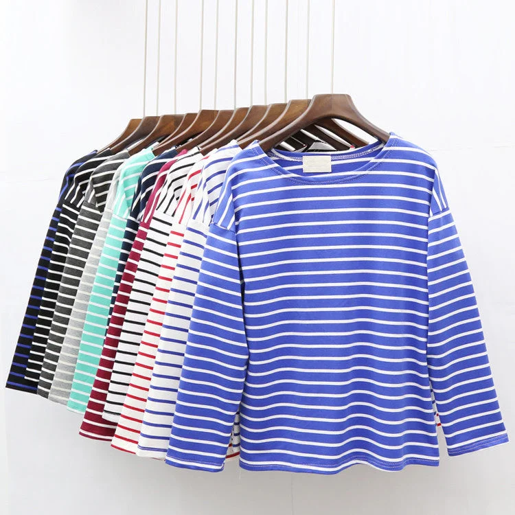 Ladies Casual Shirt Women's Red White Striped 3/4 sleeve Tops For Woman Crew Neck Bottoming Tee Shirt 11 Colors-- Layered Multi-layer Single Layer Ladies Casual Shirt Women's Red White Striped 3/4 sleeve Tops For Woman Crew Neck Bottoming Tee Shirt 11 Colors-- Layered Multi-layer Single Layer