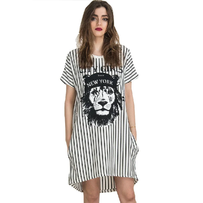 White Stripes Lion Animal Prints Short Sleeve Staight Shift Mini Jersey Casual Long t shirt Dress Summer New Women Fashion-- Ribbed Striped Patterned White Stripes Lion Animal Prints Short Sleeve Staight Shift Mini Jersey Casual Long t shirt Dress Summer New Women Fashion-- Ribbed Striped Patterned