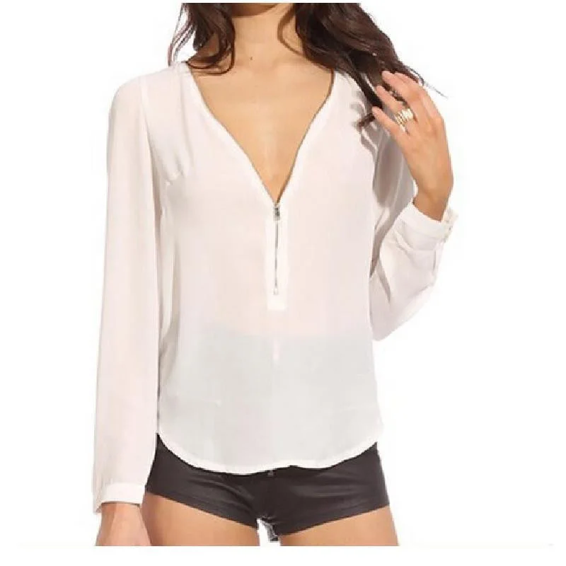 Women Blouses Sheer Work Ladies Office Shirts V-Neck Chiffon Tops Plus Size Long Sleeve H54-- Ribbed Striped Patterned