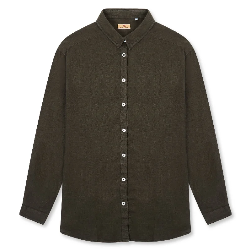 Women’s Linen Shirt - Bottle Green-- Zippered Buttoned Snapped