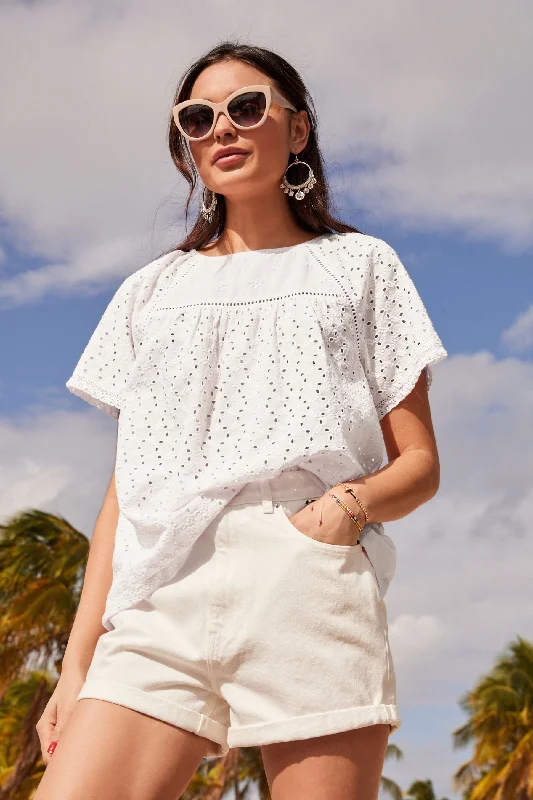 White Broderie Short Sleeve T-Shirt-- Notch Collar Peter Pan Collar Cowl Neck