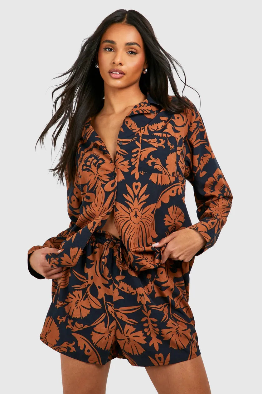 Tall Long Sleeve Shirt And Shorts Co-ord-- Satin Blend Silk Blend Wool Blend