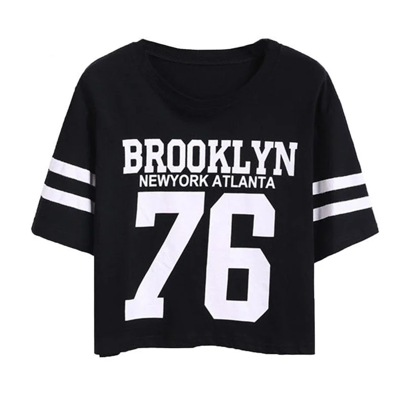 Summer Cropped Top Female BROOKLYN 76 Print Number Top Casual Short Sleeve Letters Print Monogrammed Crop T-Shirt-- Cotton Fabric Linen Fabric Terry Fabric Summer Cropped Top Female BROOKLYN 76 Print Number Top Casual Short Sleeve Letters Print Monogrammed Crop T-Shirt-- Cotton Fabric Linen Fabric Terry Fabric
