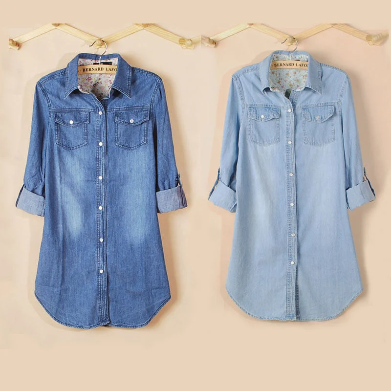 Fashion Long Loose Cotton Denim Women Blouses Long Sleeve Shirts Women Tops Casual Clothing-- Print Jacquard Patchwork Fashion Long Loose Cotton Denim Women Blouses Long Sleeve Shirts Women Tops Casual Clothing-- Print Jacquard Patchwork