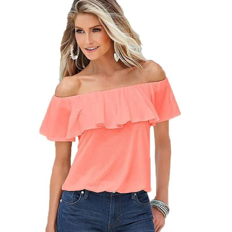 Women Tops Slash Neck Ruffles Blouses Off Shoulder Casual Slim Shirt-- Boxy Fit Fitted Loose