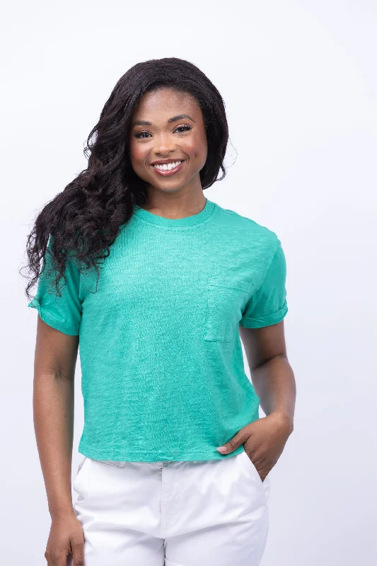 Dylan Crew Pocket T-Shirt in Kelly Green-- Collared Crew Neck Turtle Neck
