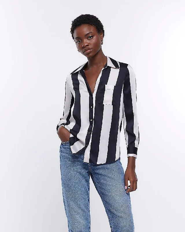 Black Satin Stripe Shirt-- Cashmere Blend Cotton Blend Poly Blend