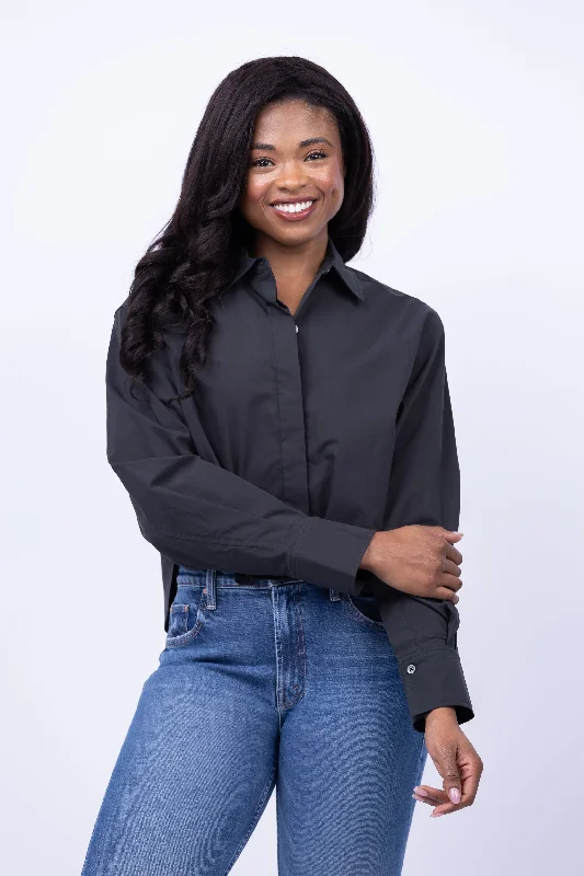 Simkhai Renata Cropped Button Up Shirt in Black-- Hooded Caped Shawl Collar