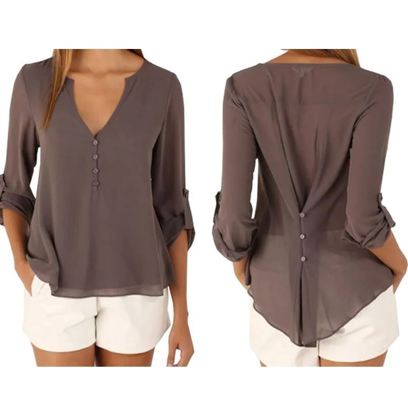 Women Style Casual Chiffon Blouses Button V Neck Long Sleeve Shirts Ladies Plus Size Tops-- Polka Dot Checkered Tartan