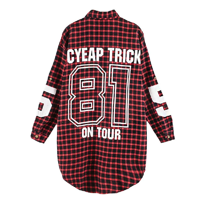 Red Women Boyfriend BF Style Monogrammed Plaid Long Sleeves Long Oversized Loose Shirt W/ Back Letter and Numbers Print-- Welt Pockets Slit Pockets Flap Pockets