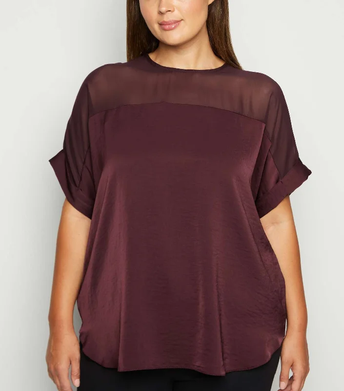 Curves Burgundy Mesh Panel T-Shirt-- Rayon Velvet Corduroy