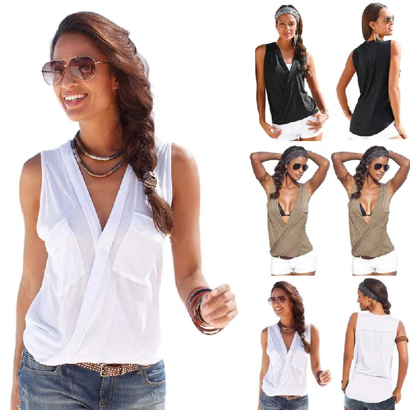 Womens Blouses Sleeveless Double Pocket Shirts V Neck Tops Casual Fashion Blouse-- Hooded Caped Shawl Collar Womens Blouses Sleeveless Double Pocket Shirts V Neck Tops Casual Fashion Blouse-- Hooded Caped Shawl Collar